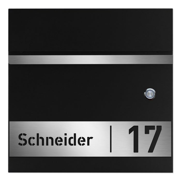 AlbersDesign Briefkasten B3 mit Klingeltaster in Schwarz (RAL9005) personalisiert mit Edelstahlschild