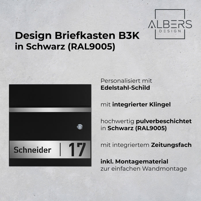 AlbersDesign Briefkasten B3 mit Klingeltaster in Schwarz (RAL9005) personalisiert mit Edelstahlschild