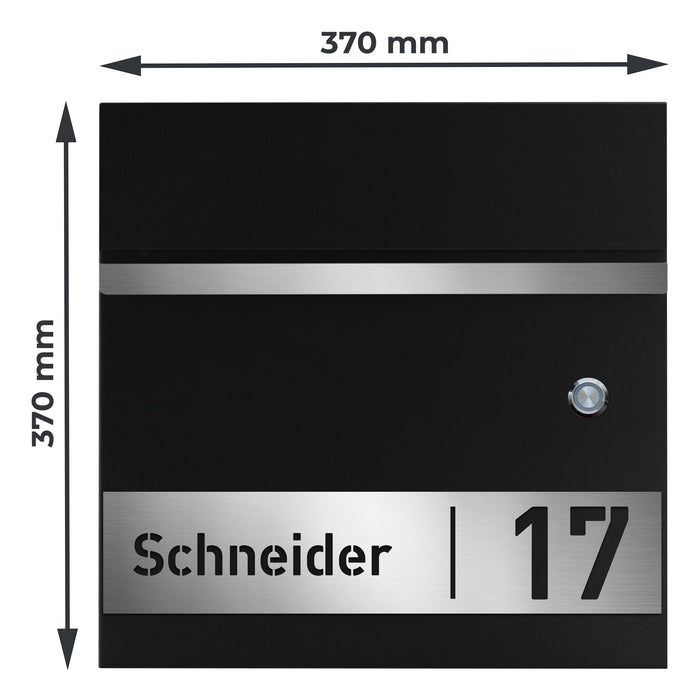 AlbersDesign Briefkasten B3 mit Klingeltaster in Schwarz (RAL9005) personalisiert mit Edelstahlschild