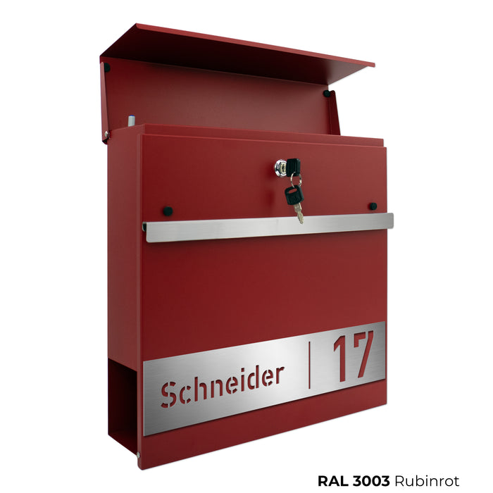 AlbersDesign Briefkasten B3 in WUNSCHFARBE personalisiert mit Edelstahlschild