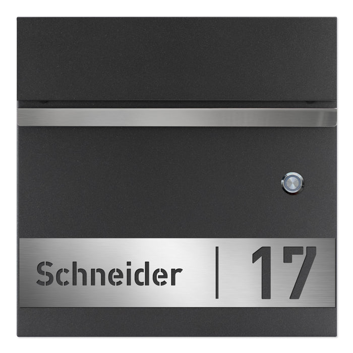 AlbersDesign Briefkasten B3 mit Klingeltaster in Eisenglimmer (DB703) personalisiert mit Edelstahlschild