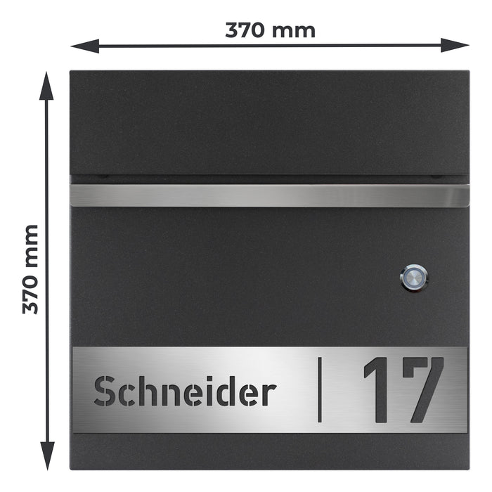 AlbersDesign Briefkasten B3 mit Klingeltaster in Eisenglimmer (DB703) personalisiert mit Edelstahlschild