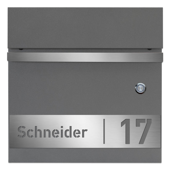 AlbersDesign Briefkasten B3 mit Klingeltaster in Graualuminium (RAL9007) personalisiert mit Edelstahlschild