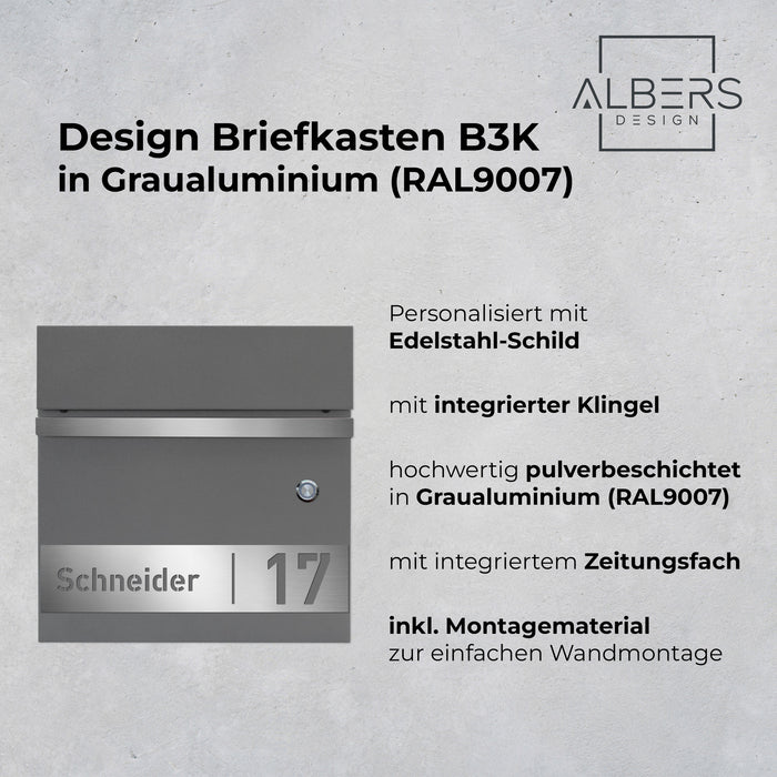 AlbersDesign Briefkasten B3 mit Klingeltaster in Graualuminium (RAL9007) personalisiert mit Edelstahlschild