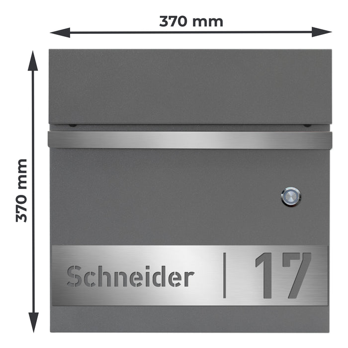 AlbersDesign Briefkasten B3 mit Klingeltaster in Graualuminium (RAL9007) personalisiert mit Edelstahlschild