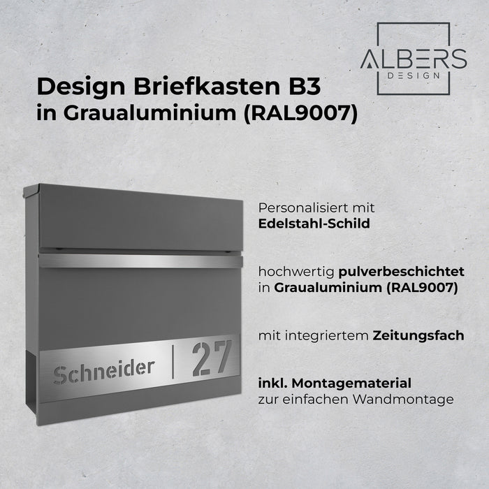 AlbersDesign Briefkasten B3 in Graualuminium (RAL9007) personalisiert mit Edelstahlschild