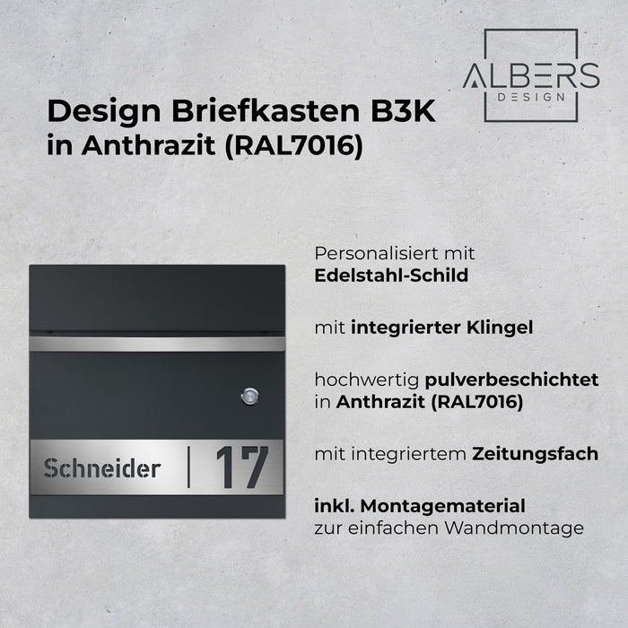AlbersDesign Briefkasten B3 mit Klingeltaster in Anthrazit (RAL7016) personalisiert mit Edelstahlschild