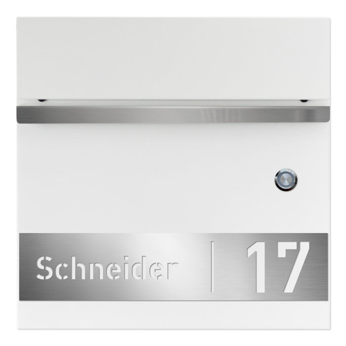 AlbersDesign Briefkasten B3 mit Klingeltaster in Weiß (RAL9003) personalisiert mit Edelstahlschild