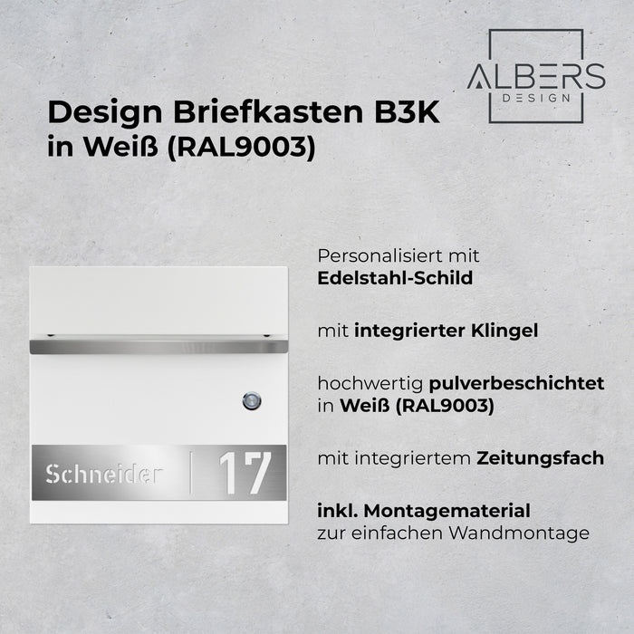 AlbersDesign Briefkasten B3 mit Klingeltaster in Weiß (RAL9003) personalisiert mit Edelstahlschild