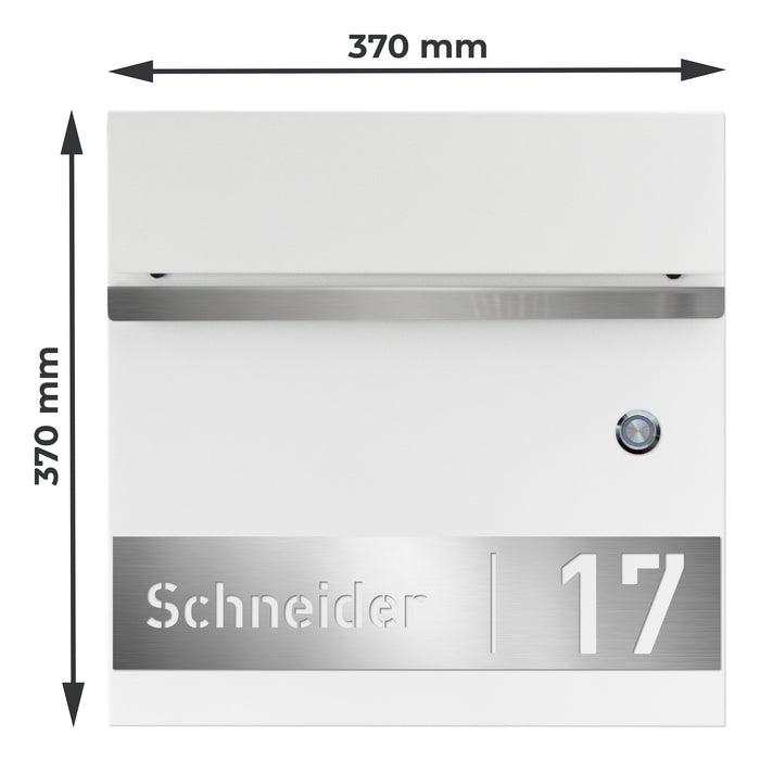 AlbersDesign Briefkasten B3 mit Klingeltaster in Weiß (RAL9003) personalisiert mit Edelstahlschild