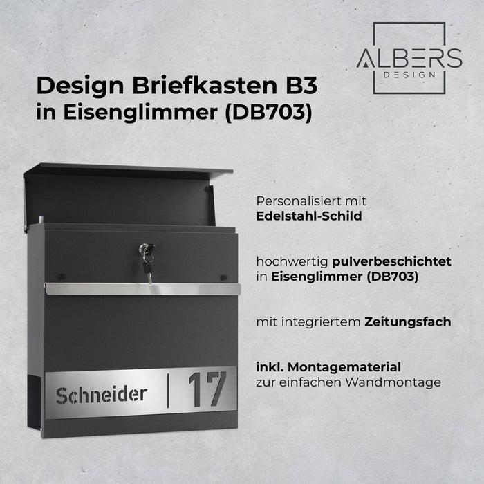 AlbersDesign Briefkasten B3 Eisenglimmer (DB703) personalisiert mit Edelstahlschild