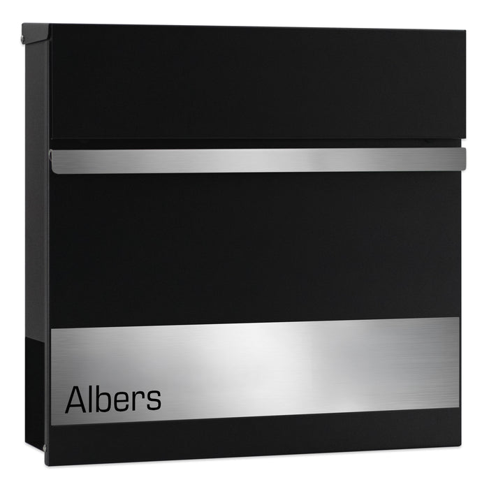 AlbersDesign Briefkasten B3 schwarz (RAL 9005) personalisiert mit Edelstahlschild