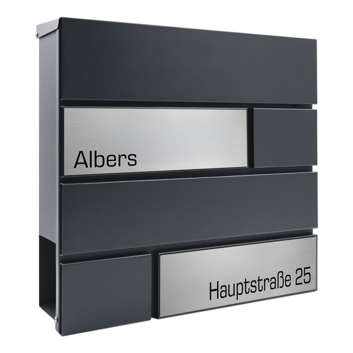AlbersDesign Briefkasten B4 anthrazit (RAL7016) personalisiert mit Edelstahl-Schildern