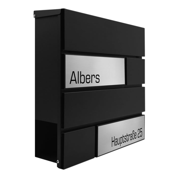 AlbersDesign Briefkasten B4 Schwarz (RAL9005) personalisiert mit Edelstahl-Schildern