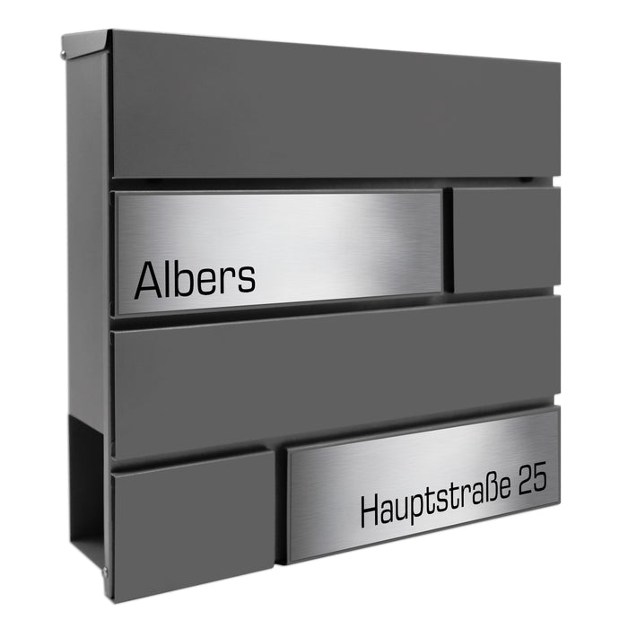 AlbersDesign Briefkasten B4 in Graualuminium (RAL9007) personalisiert mit Edelstahl-Schildern