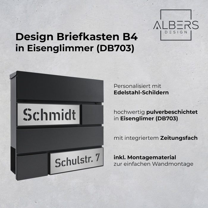 AlbersDesign Briefkasten B4 Eisenglimmer (DB703) personalisiert mit Edelstahl-Schildern