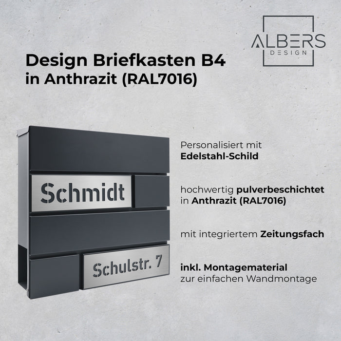AlbersDesign Briefkasten B4 anthrazit (RAL7016) personalisiert mit Edelstahl-Schildern