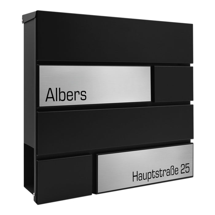 AlbersDesign Briefkasten B4 Schwarz (RAL9005) personalisiert mit Edelstahl-Schildern