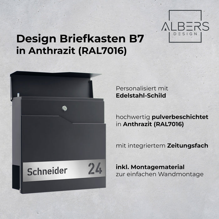 AlbersDesign Briefkasten B7 anthrazit (RAL7016) personalisiert mit Edelstahl-Schild