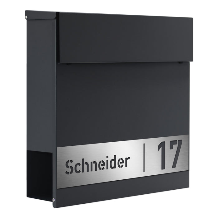 AlbersDesign Briefkasten B18 Anthrazit (RAL7016) personalisiert mit Edelstahlschild