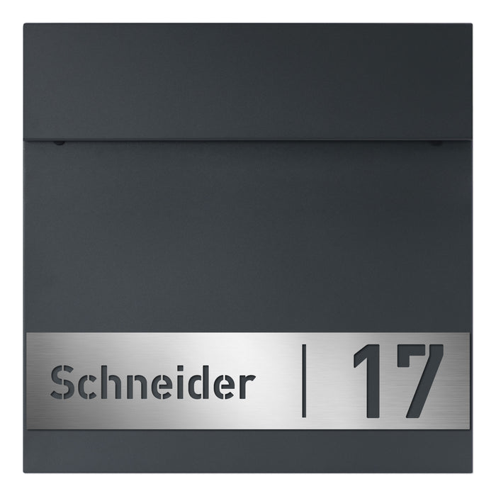 AlbersDesign Briefkasten B18 Anthrazit (RAL7016) personalisiert mit Edelstahlschild