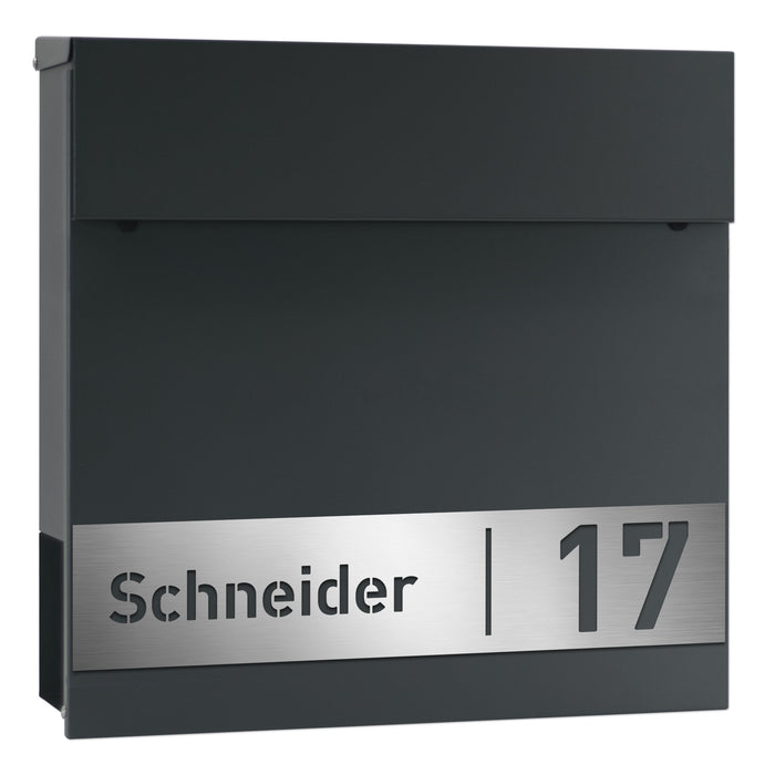 AlbersDesign Briefkasten B18 Anthrazit (RAL7016) personalisiert mit Edelstahlschild