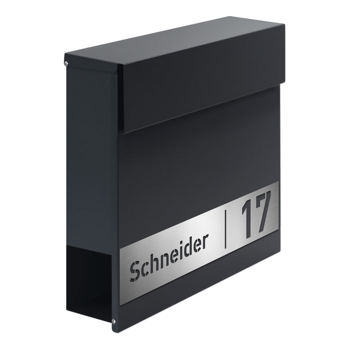 AlbersDesign Briefkasten B18 Anthrazit (RAL7016) personalisiert mit Edelstahlschild