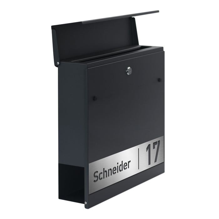 AlbersDesign Briefkasten B18 Anthrazit (RAL7016) personalisiert mit Edelstahlschild