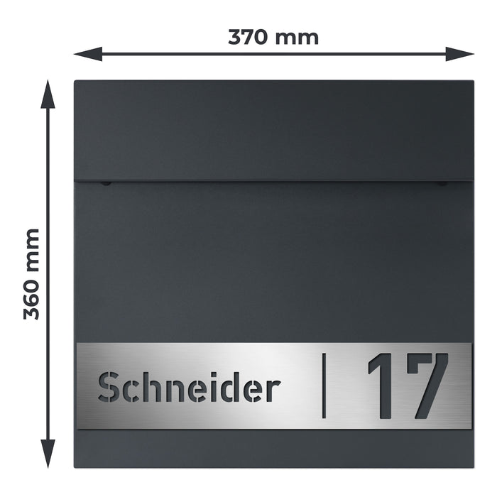 AlbersDesign Briefkasten B18 Anthrazit (RAL7016) personalisiert mit Edelstahlschild