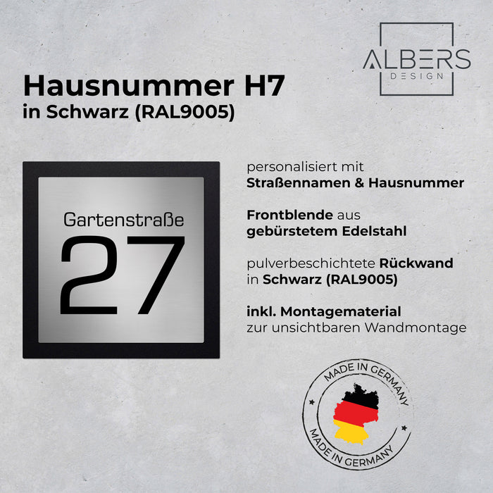Edelstahl-Hausnummer mit Straße im 3D Effekt, Rückwand pulverbeschichtet in RAL9005, Frontblende in Edelstahl