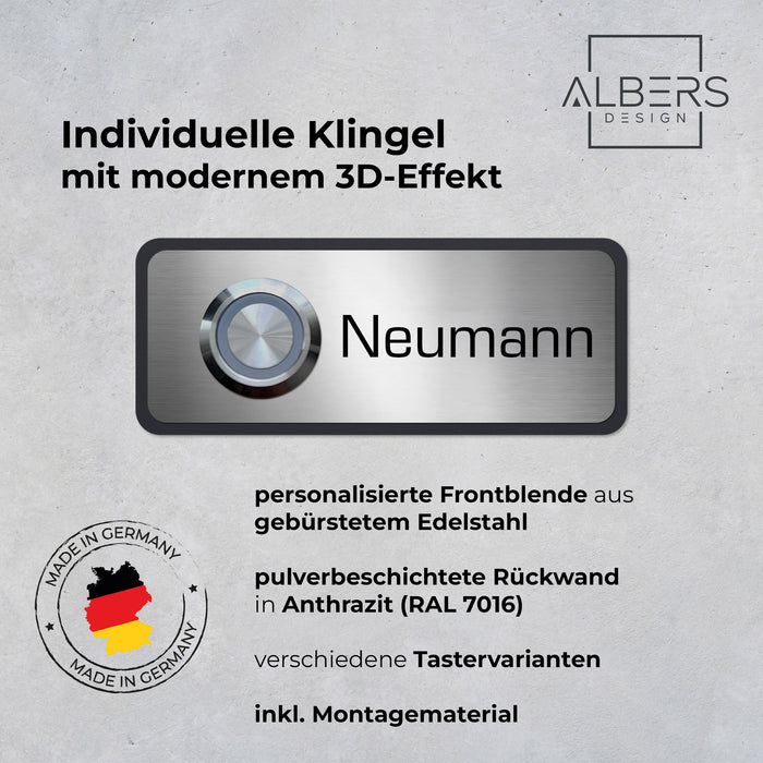 AlbersDesign personalisierte Edelstahl-Klingel K11 mit 3D-Effekt in Anthrazit (RAL7016)