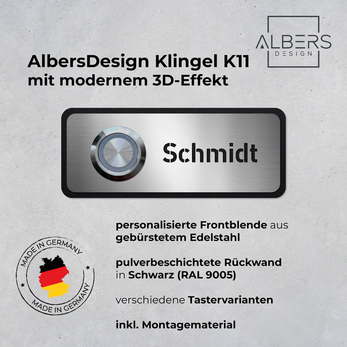 AlbersDesign personalisierte Edelstahl-Klingel K11 mit 3D-Effekt in Schwarz (RAL9005)