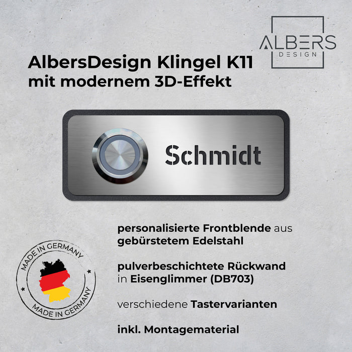 AlbersDesign personalisierte Edelstahl-Klingel K11 mit 3D-Effekt in Eisenglimmer (DB703)