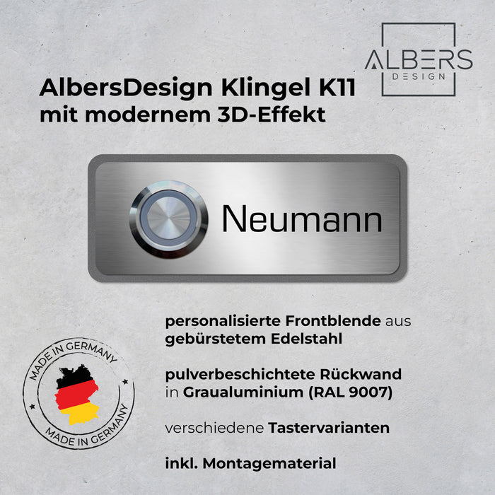 AlbersDesign personalisierte Edelstahl-Klingel K11 mit 3D-Effekt in Graualuminium (RAL9007)