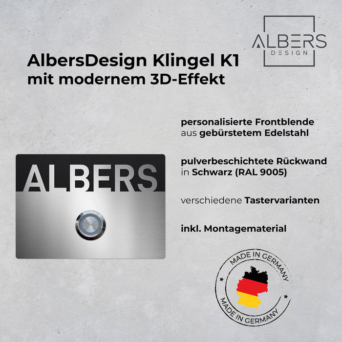 AlbersDesign personalisierte Edelstahl-Klingel K1 mit 3D-Effekt in Schwarz (RAL9005)
