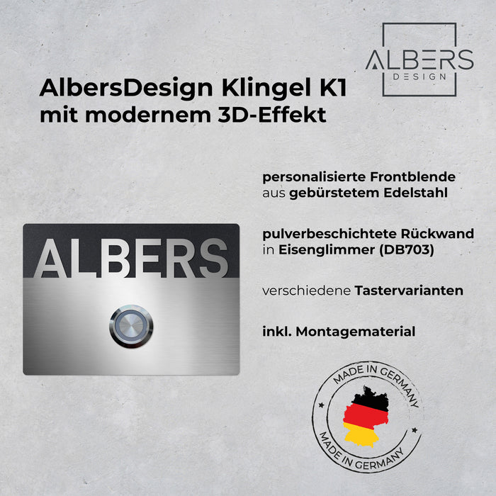AlbersDesign personalisierte Edelstahl-Klingel K1 mit 3D-Effekt in Eisenglimmer (DB703)