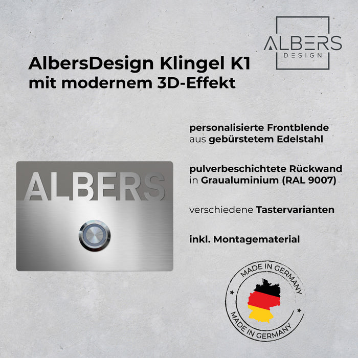 AlbersDesign personalisierte Edelstahl-Klingel K1 mit 3D-Effekt in Graualuminium (RAL9007)
