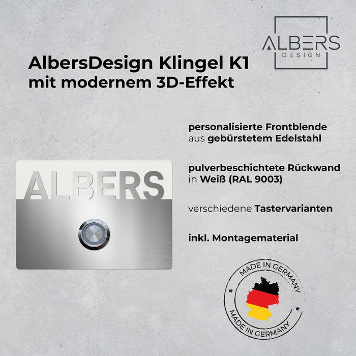 AlbersDesign personalisierte Edelstahl-Klingel K1 mit 3D-Effekt in Weiß (RAL9003)