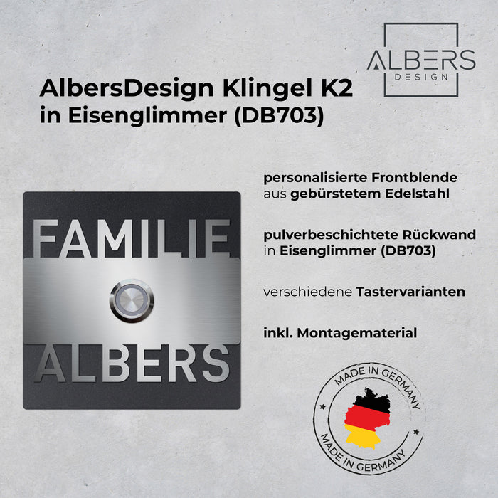 AlbersDesign personalisierte Edelstahl-Klingel K2 mit 3D-Effekt in Eisenglimmer (DB703)