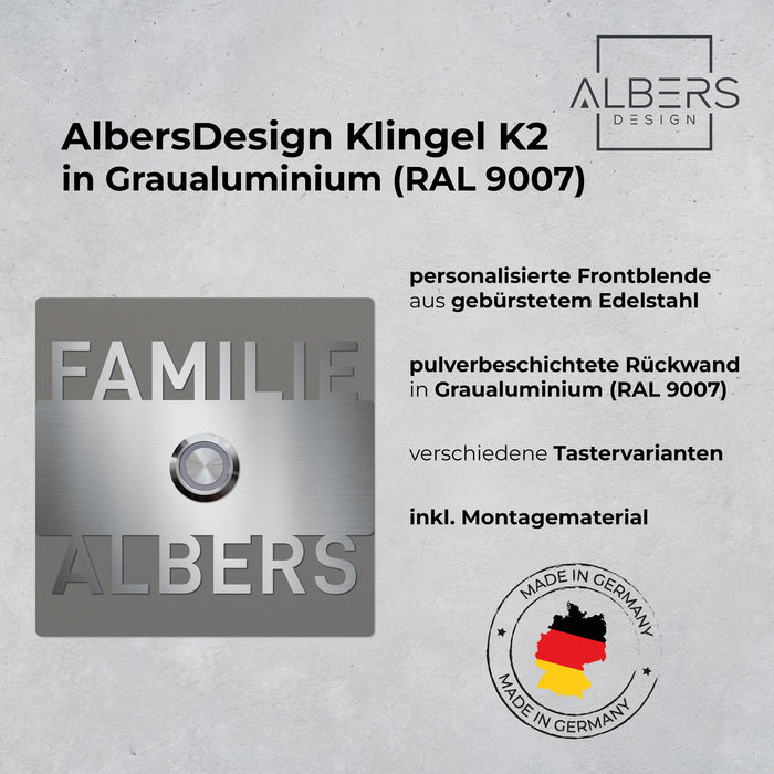 AlbersDesign personalisierte Edelstahl-Klingel K2 mit 3D-Effekt in Graualuminium (RAL9007)