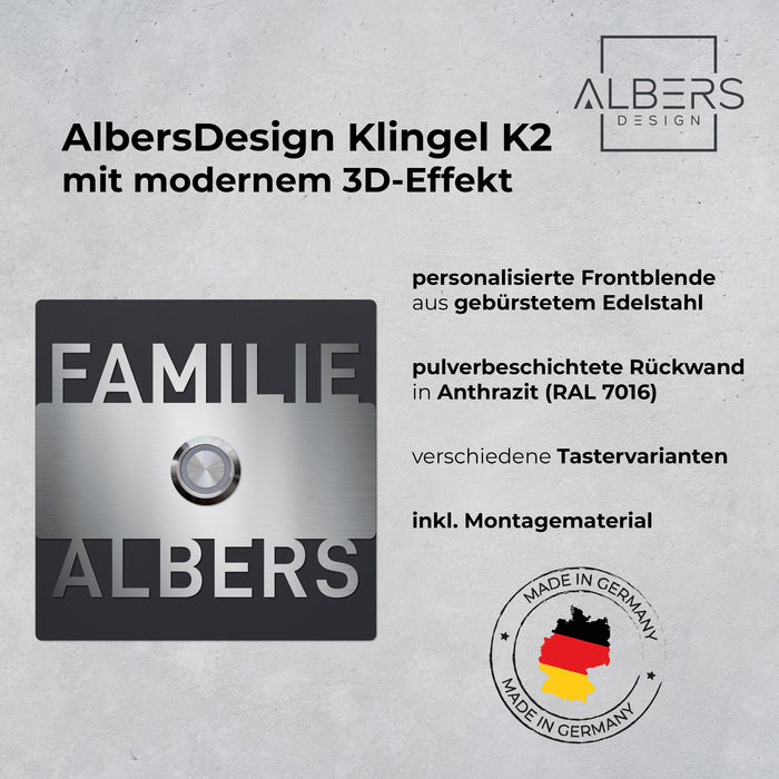 AlbersDesign personalisierte Edelstahl-Klingel K2 mit 3D-Effekt in Anthrazit (RAL7016)
