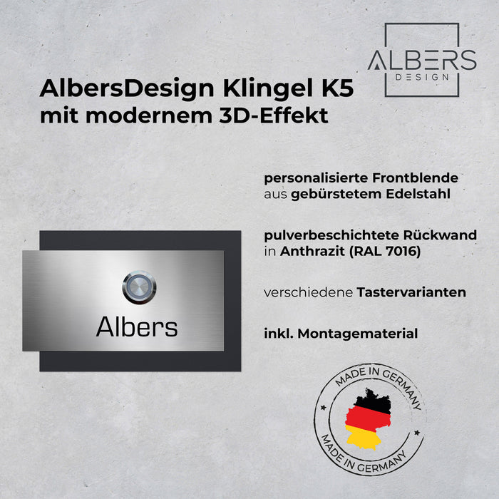 AlbersDesign personalisierte Edelstahl-Klingel K5 mit 3D-Effekt in Anthrazit (RAL7016)