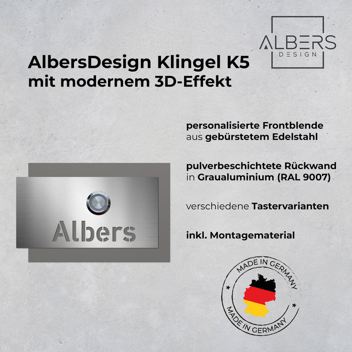 AlbersDesign personalisierte Edelstahl-Klingel K5 mit 3D-Effekt in Graualuminium (RAL9007)