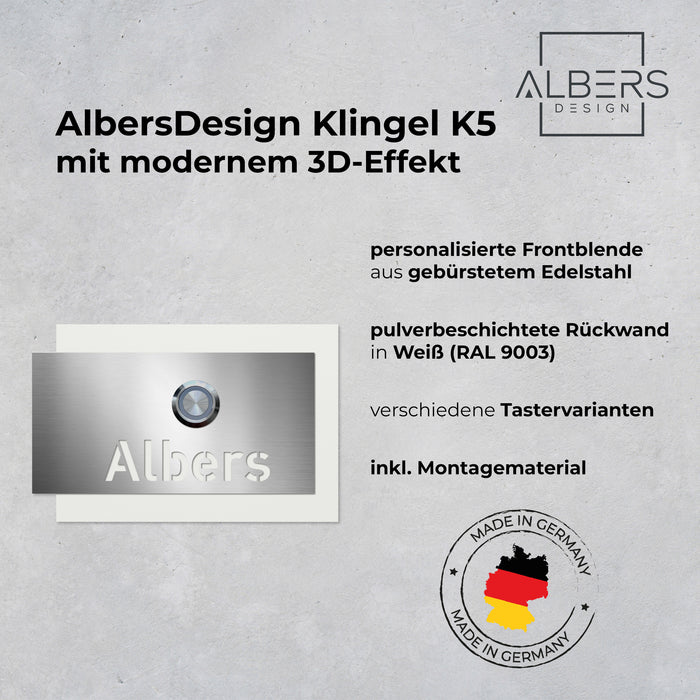 AlbersDesign personalisierte Edelstahl-Klingel K5 mit 3D-Effekt in Weiß (RAL9003)