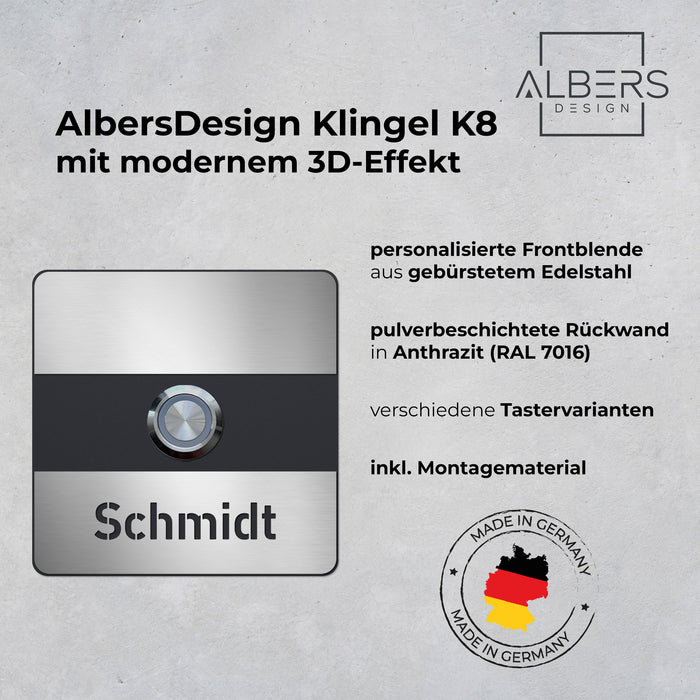 AlbersDesign personalisierte Edelstahl-Klingel K8 mit 3D-Effekt in Anthrazit (RAL7016)