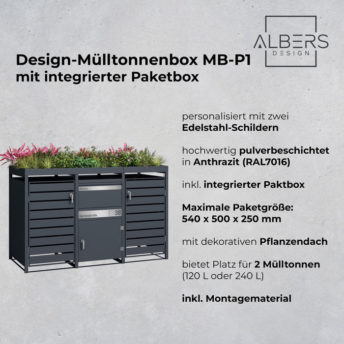 AlbersDesign Mülltonnenbox mit Paketbox MB-P1 in Anthrazit (RAL7016) personalisiert mit Edelstahl-Schildern