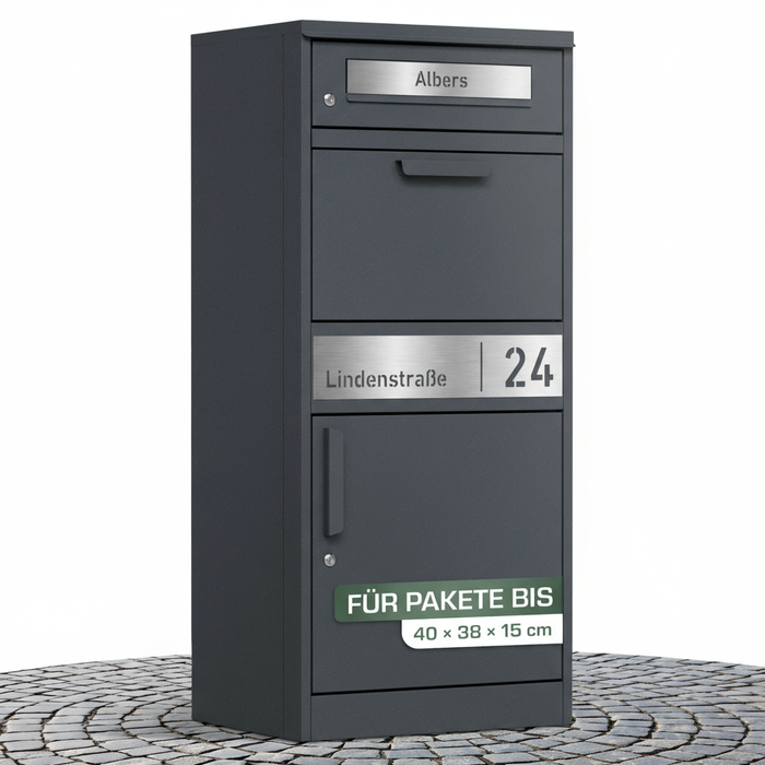 Paketbox PB1 mit Briefkasten | anthrazit - RAL7016 | personalisiert mit Edelstahl-Schild