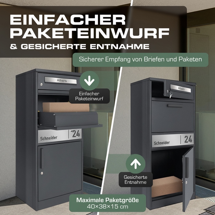 Paketbox PB1 mit Briefkasten | anthrazit - RAL7016 | personalisiert mit Edelstahl-Schild