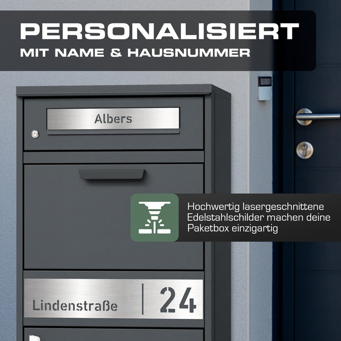 Paketbox PB1 mit Briefkasten | anthrazit - RAL7016 | personalisiert mit Edelstahl-Schild