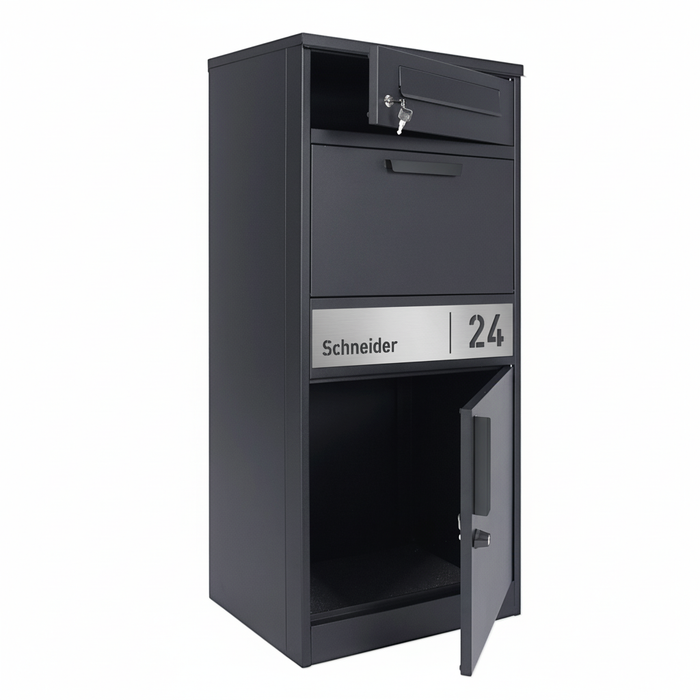 Paketbox PB1 mit Briefkasten | anthrazit - RAL7016 | personalisiert mit Edelstahl-Schild